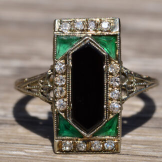 SOLD - The Wylie:  Outstanding Art Deco Ring with Onyx, Emeralds, and Diamonds