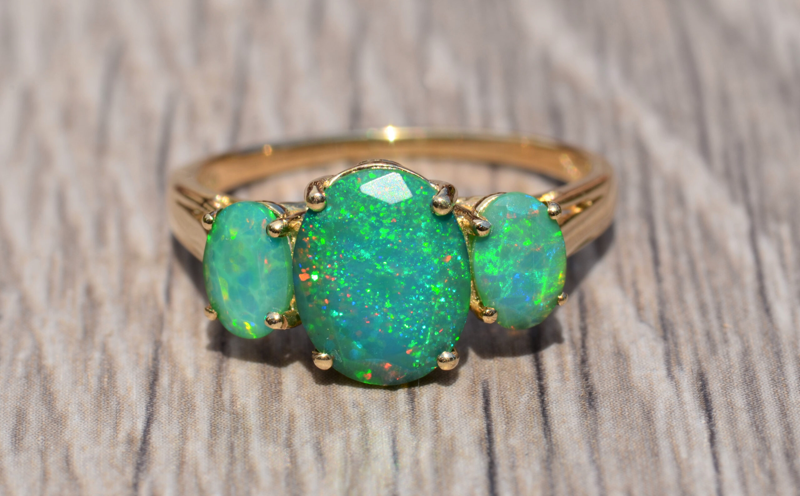 SOLD: The Fremont Street: Infused Opal Three Stone Ring in Yellow Gold
