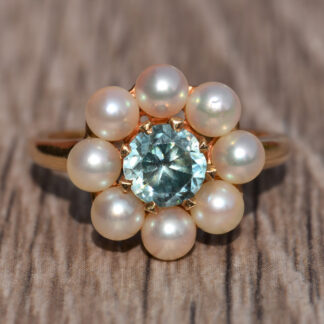SOLD - The Oxford Street:  Vintage Pearl and Blue Zircon Cocktail Ring in 14 Karat Yellow Gold