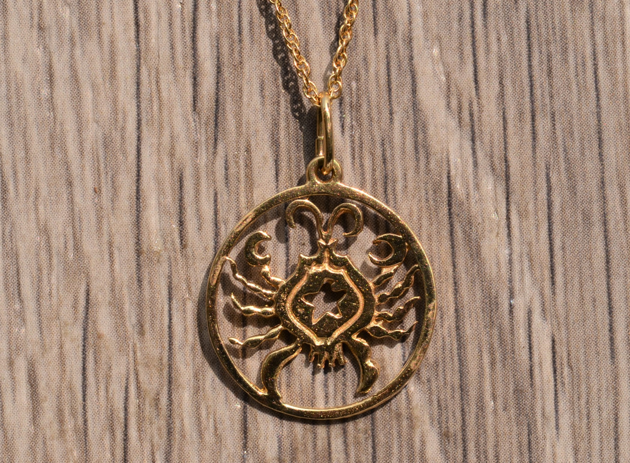 SOLD - The Karkinos: Cancer Zodiac Sign Pendant in 14 Karat Yellow Gold