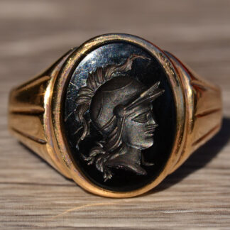 SOLD - The Shasta:  Antique Gentleman's Carved Black Onyx Cocktail Ring in Yellow Gold