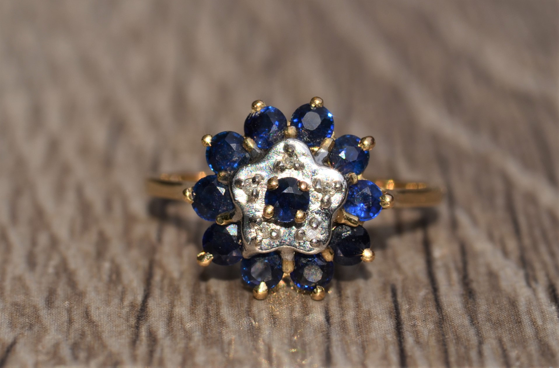 SOLD - The Macedonia: Vintage Ladies Yellow Gold Sapphire and Diamond Cocktail Ring