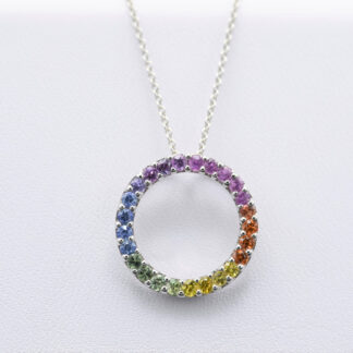 SOLD - The Kreis:  Ladies 14 Karat White Gold Multi-Colored Sapphire Circle Necklace