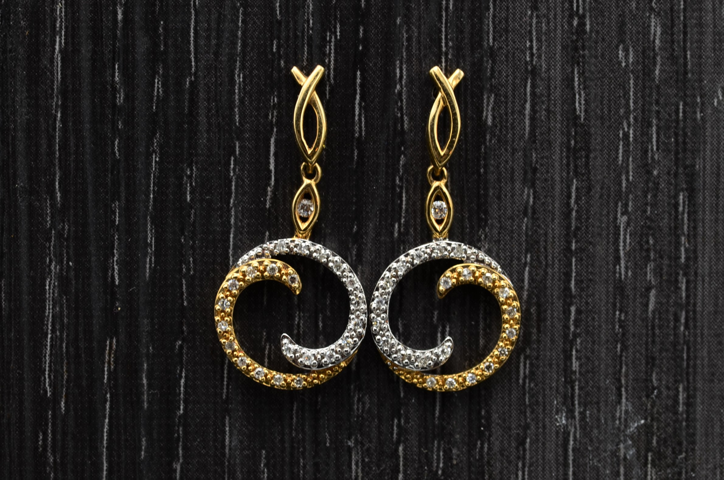 SOLD - The Gianettas: Ladies Two Tone 14K Gold and Diamond Wave Yin & Yan Dangler Earrings