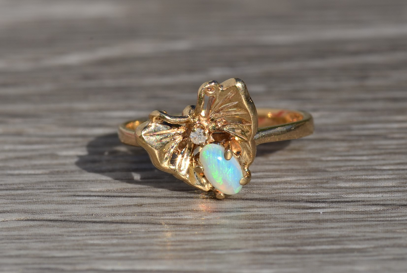SOLD - The Girasol: Ladies Vintage 14K Gold Butterfly Opal and Diamond Ring