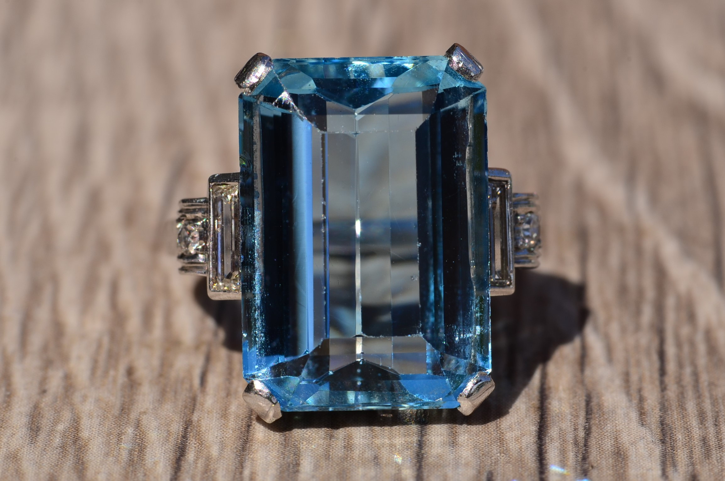 SOLD: The Camilla: Art Deco Santa Maria Aquamarine Ring in Platinum with Side Baguette Diamonds