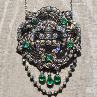 SOLD: The Joella:  Black Rhodium Finished Pendant with Emeralds and Diamonds Art Nouveau Style