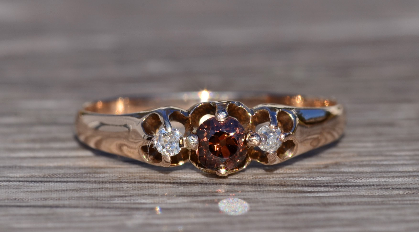 SOLD - The Oceano: Antique Rose Gold Three Stone Diamond Ring