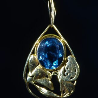 SOLD: The Carey:  Signed Arts & Crafts Period Blue Topaz Pendant in 14 Karat Yellow Gold