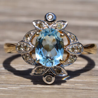 SOLD - The Bronx:  Vintage Blue Topaz & Diamond Ring in Yellow Gold