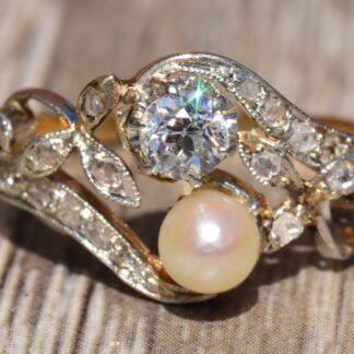 SOLD: The Lambertville:  Antique Two Stone Old Mine Cut Diamond and Pearl Moi Et Toi Ring