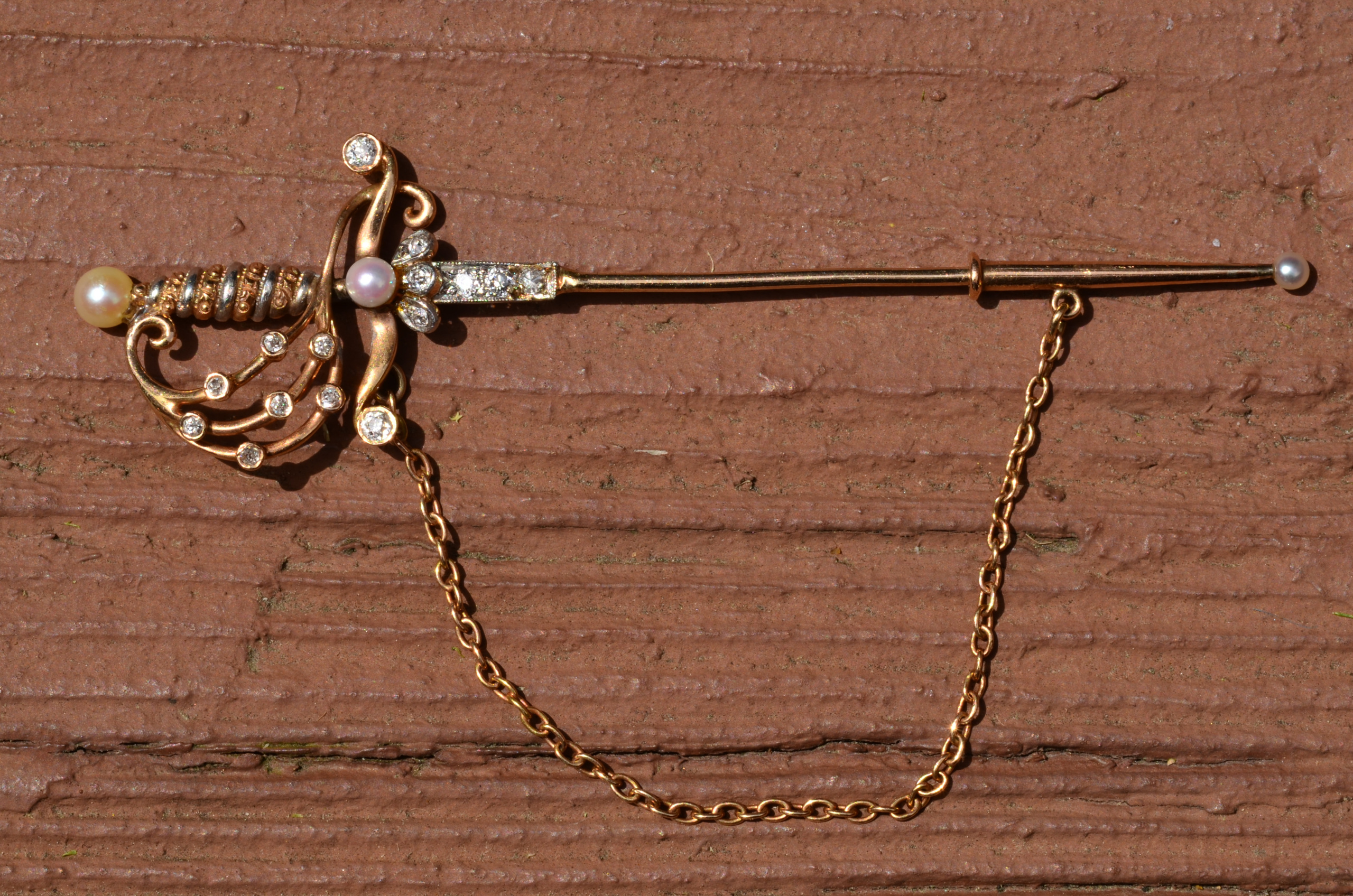 SOLD:The Jupiter: Tricolor Sword Brooch with Sheath and Set With Diamonds